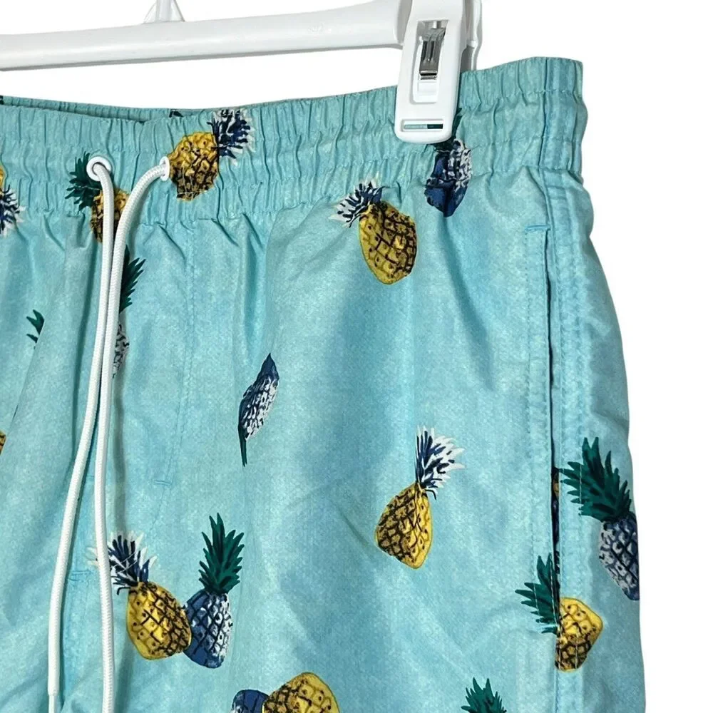 Old Navy Men's Swim Trunks Medium Blue Green Pineapple Print Elastic Waist